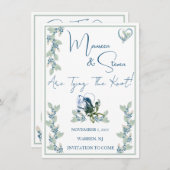 Elegante Weiß-, Blau- und Grünblüten Save the Date Einladung (Vorne/Hinten)