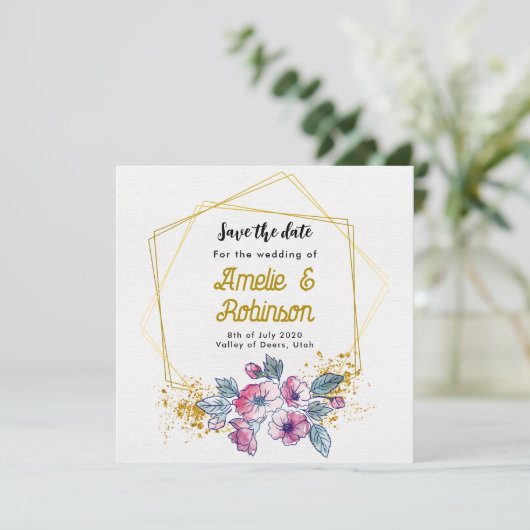 Elegante Weiß und Gold Blumen Moderne einzigartig Save The Date (Stehend Vorderseite)