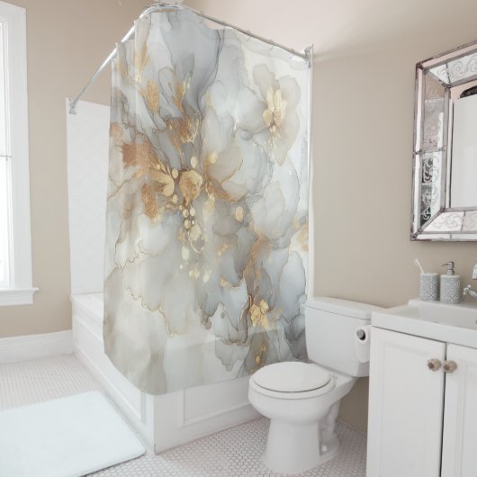 Elegante Weiß- und Goldfarben Abstrakte Kunst Duschvorhang (Beispiel)