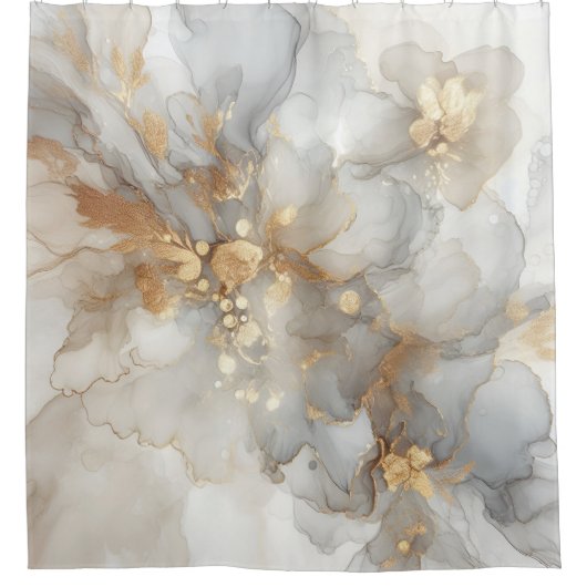 Elegante Weiß- und Goldfarben Abstrakte Kunst Duschvorhang (Vorderseite)