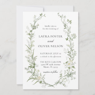 Elegante Weiß- und Grüne Wildblume Wreath Wedding Einladung