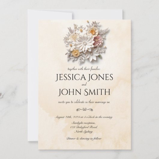 Elegante weiße 3D Blumen minimale Hochzeit Einladu Einladung (Vorderseite)