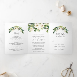 Elegante weiße Aquarell-Rosen Grün Hochzeit Dreifach Gefaltete Einladung