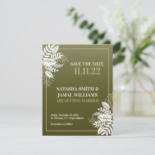 Elegante, weiße Blätter, Olive Green Save The Date