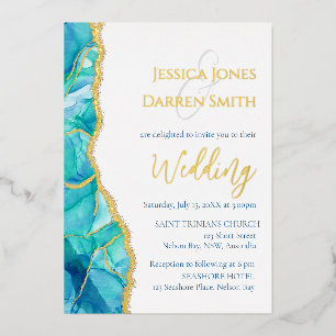 Elegante weiße blaue Goldfolie Hochzeitseinladung Folieneinladung