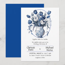 Elegante weiße & blaue Tulips in Vase Wedding Einladung