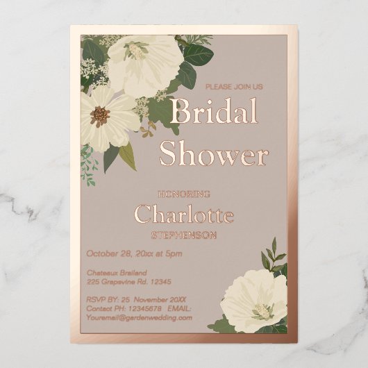 Elegante weiße Blume Brautparty neutral und Folieneinladung (Vorderseite)