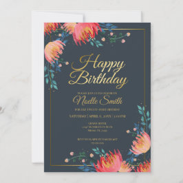 Elegante, weiße Blume, dunkelblau, Goldakzent Einladung