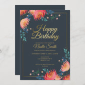 Elegante, weiße Blume, dunkelblau, Goldakzent Einladung (Vorne/Hinten)