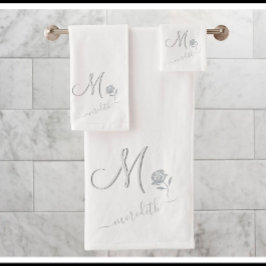 Elegante weiße Blume für Monogramm Badhandtuch Set