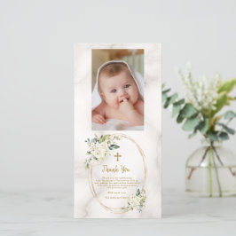 Elegante Weiße Blume Gold Cross Foto Christening Dankeskarte