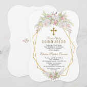 Elegante weiße Blume Goldene Erstkommunion Einladung (Vorne/Hinten)