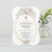 Elegante weiße Blume Goldene Erstkommunion Einladung (Stehend Vorderseite)