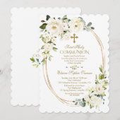 Elegante weiße Blume Goldene Erstkommunion Einladung (Vorne/Hinten)