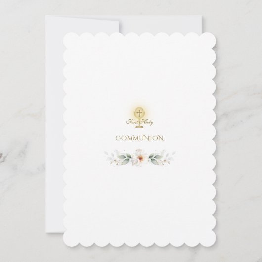 Elegante weiße Blume Goldene Erstkommunion Einladung (Rückseite)