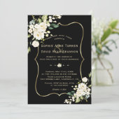 Elegante weiße Blume Goldrahmen Schwarz Hochzeit Einladung (Stehend Vorderseite)