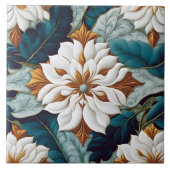 Elegante weiße Blume mit Aquamarinen Blätter im Bl Fliese (Vorderseite)