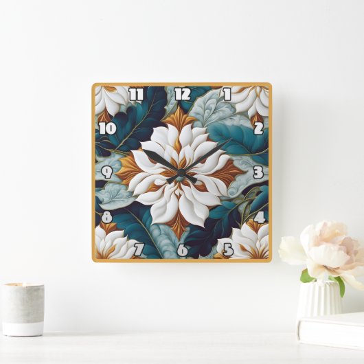 Elegante weiße Blume mit Aquamarinen Blätter im Bl Quadratische Wanduhr (Zuhause)