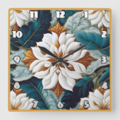 Elegante weiße Blume mit Aquamarinen Blätter im Bl Quadratische Wanduhr (Vorderseite)