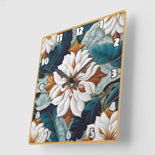 Elegante weiße Blume mit Aquamarinen Blätter im Bl Quadratische Wanduhr (Winkel)