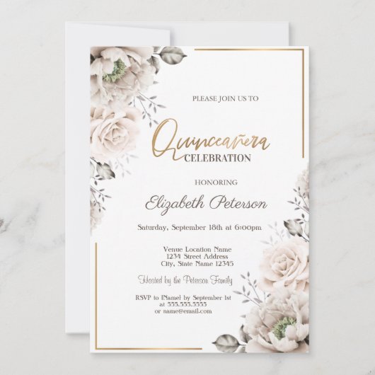 Elegante weiße Blume Quinceañera Einladung (Vorderseite)