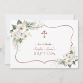 Elegante weiße Blume Rose Gold Frame Taufe Dankeskarte (Vorderseite)