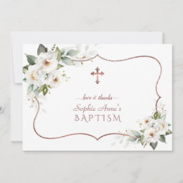 Elegante weiße Blume Rose Gold Frame Taufe Dankeskarte