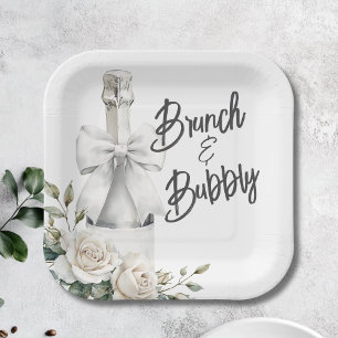 Elegante weiße Blumen-Brunch- und Sekt-Aufkleber Pappteller