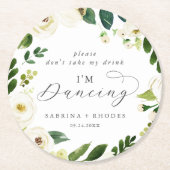 Elegante weiße Blumen Hochzeit Empfang ich tanze Runder Pappuntersetzer (Vorderseite)