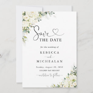 Elegante weiße Blumen Hochzeit Termin merken Einladung