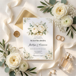 Elegante weiße Blumen- und Gold-Hochzeitsringe Einladung