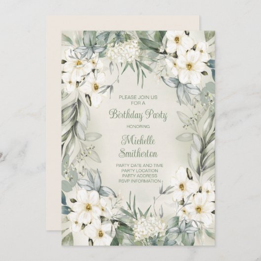 Elegante weiße Blumenbühne Grüne Blätter Geburtsta Einladung (Vorne/Hinten)