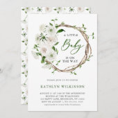 Elegante weiße Blumengrün Einfache Babydusche Einladung (Vorne/Hinten)