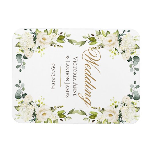 Elegante weiße Blumengrün Hochzeit Magnet (Horizontal)