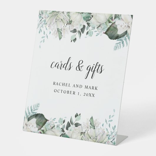 Elegante weiße Blumengrün Hochzeit Sockelschild (Vorderseite)