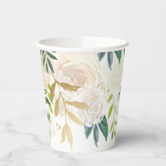 Elegante weiße Blumengrün und Gold Pappbecher (Links)