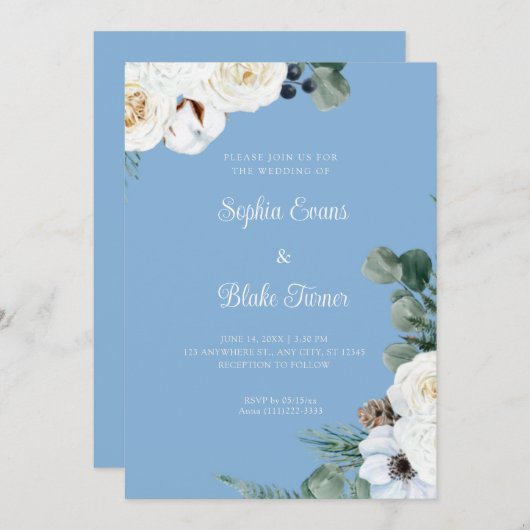 Elegante weiße Blüte mit Grün Blaue Hochzeit Einladung (Vorne/Hinten)