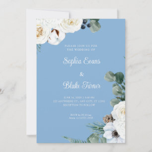 Elegante weiße Blüte mit Grün Blaue Hochzeit Einladung