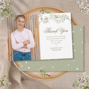 Elegante weiße Blüten-Erstkommunion-Foto Dankeskarte