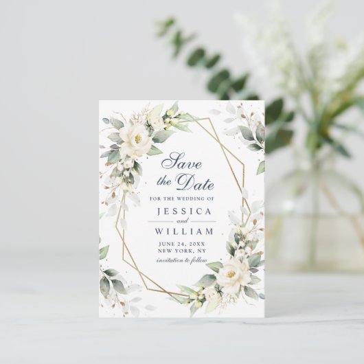 Elegante weiße Blütengrün Hochzeit speichern Sie d Postkarte (Stehend Vorderseite)