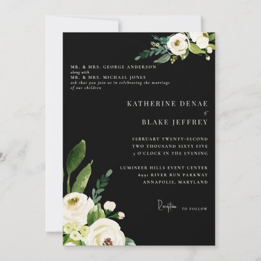 Elegante weiße Blütenschwarz und Creme beide Elter Einladung (Vorderseite)