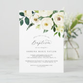 Elegante weiße Blütentaufe Einladung (Stehend Vorderseite)
