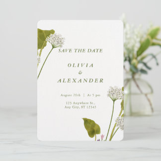 Elegante Weiße Botanische Blumenhochzeit Save The Date