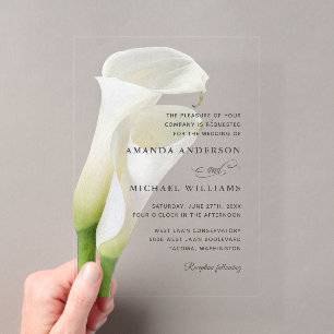 Elegante weiße Calla-Lilien Hochzeitsfloristik Acryleinladungen
