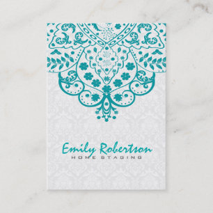 Elegante Weiße Damast Turquoise Spitze Vintage Visitenkarte