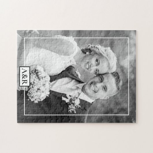 Elegante weiße, dünne Grenze und Initialen Hochzei Puzzle (Horizontal)