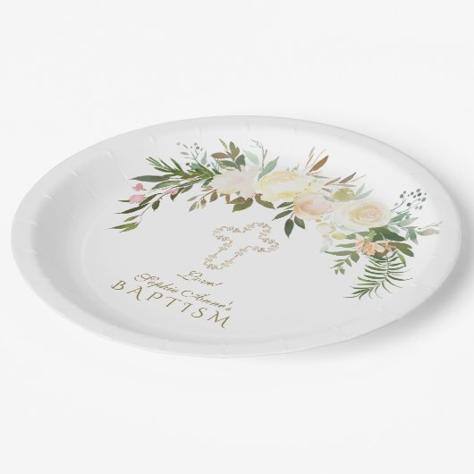 Elegante weiße Elfenbein Aquarelltaufe Pappteller (Schrägansicht)