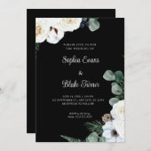 Elegante weiße Flora mit grüner Schwarzer Hochzeit Einladung (Vorne/Hinten)