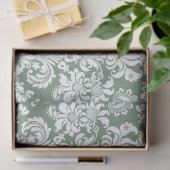 Elegante weiße Floral Damaskus über Sage Green Seidenpapier (Geschenk)