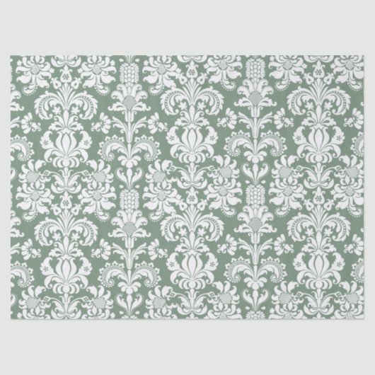 Elegante weiße Floral Damaskus über Sage Green Seidenpapier (Vorderseite)